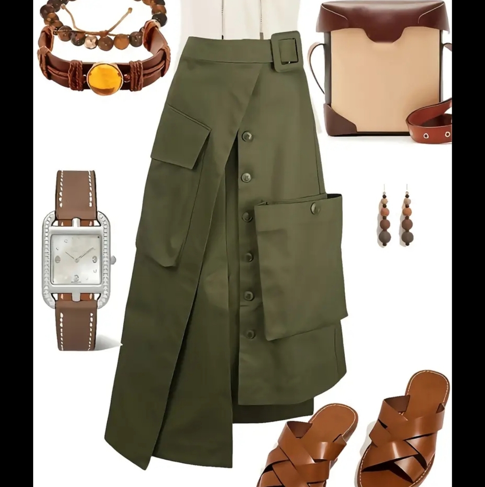 Elegant women's midi skirt with belt and functional pockets - Picture 3 of 4